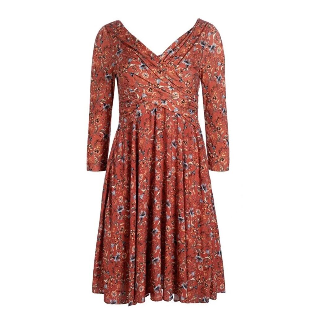 Peruvian Connection Artesania Dress Red Floral Crossover Bodice Faux Wrap S